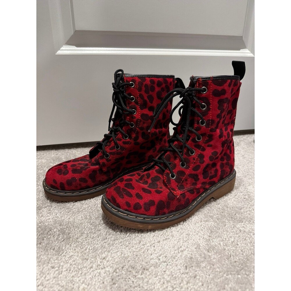 Hot Cheetah Ankle Lace Up Boots Shoes Red & Black Leopard Suede Shoes Comfy